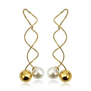Fashion Statement Drop Earring 2 Colors Option Gold/Rose Gold Long Big Round Pearl Women Geometric Jewelry