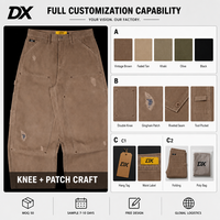 Pantalon de charpentier personnalisé à double genouillère, effet délavé soleil, en toile épaisse 14oz, coupe ample, avec rivets et patchs gingham, pour fabricants OEM de marques