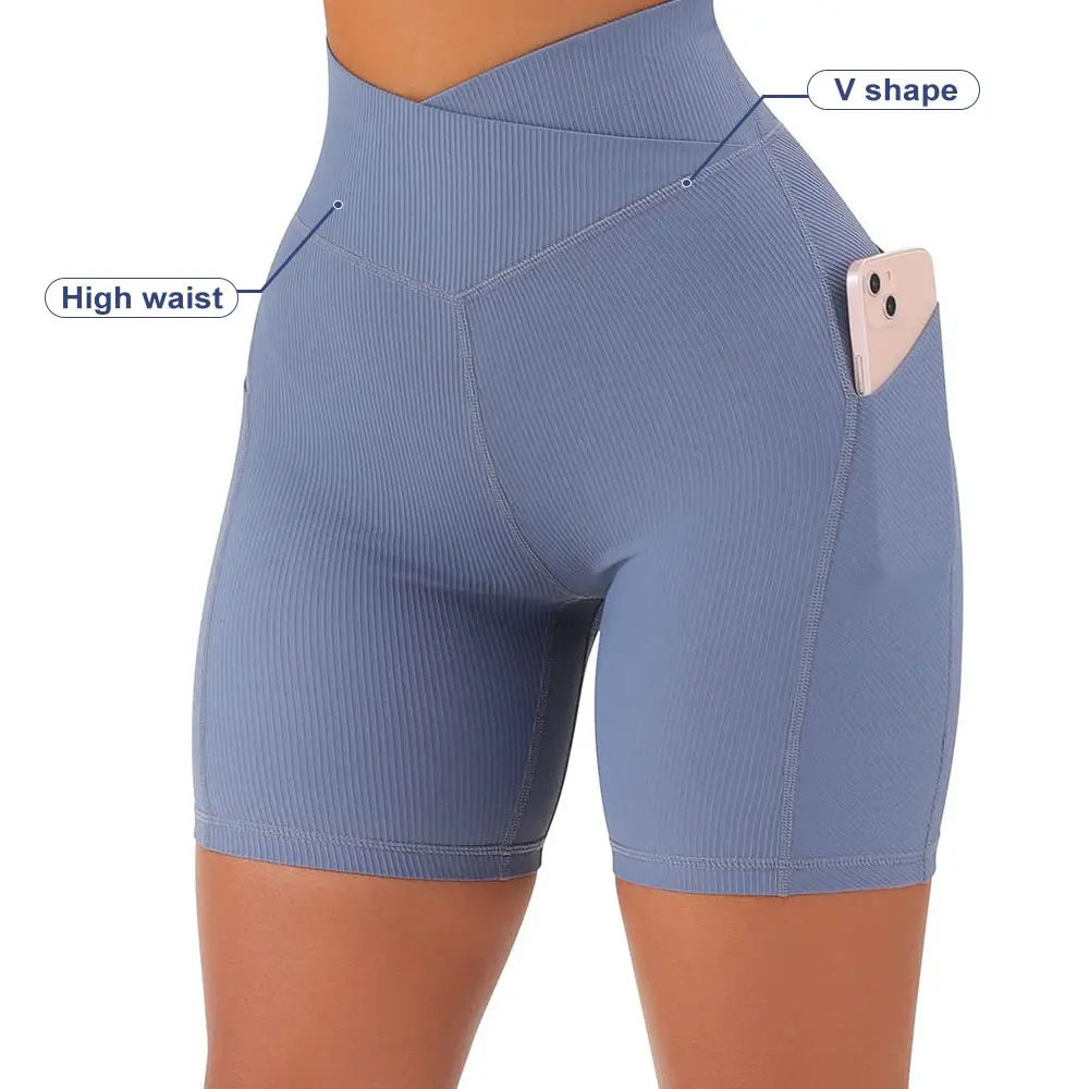Custom Logo High Waist Tight V Shape Outdoor Sports Fitness Yoga Shorts With Pockets