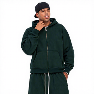 Sudadera con Capucha Verde Oscuro para Hombre, Cierre de Cremallera, Corte Holgado, Informal, de Algodón French Terry, con Bolsillo, Manga Larga, para Otoño - Product Image 1