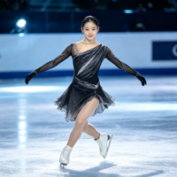 Robe de performance en mousseline irrégulière, dégradé noir-gris, asymétrique à une épaule, froncée, avec strass et dos en V profond, pour patinage artistique