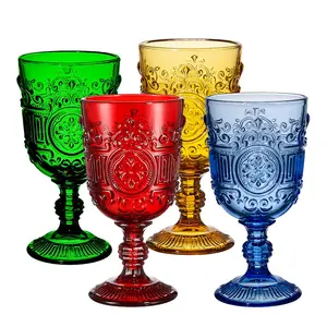 Glass Goblet Customize Drinking Glassware Wedding Vintage Embossed Wine Glass Blue Colored Wine Goblet Glasses Set