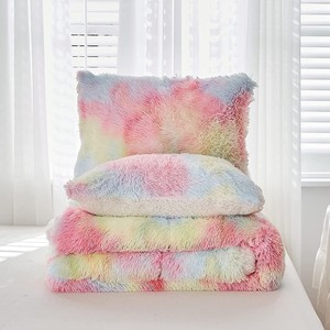 Juego de cama de edredón de piel sintética de visón arcoíris, felpa esponjosa de terciopelo colorido con función plegada, incluye sábanas ajustables - Product Image 4