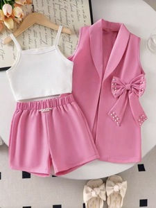 Set Tre Pezzi per Bambine di 7 Anni, <span class=keywords><strong>Blazer</strong></span> Rosa con Fiocco di Perle, Gilet e Canotta Bianca Senza Maniche, Pantaloncini - Stile Europeo-Americano in Poliestere - Product Image 5