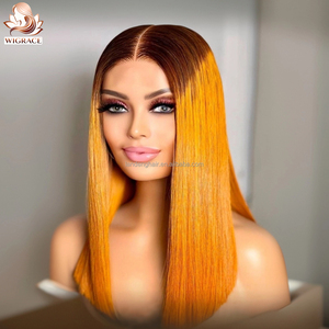 Ombre 4 #   Perruques Courtes <span class=keywords><strong>Bob</strong></span> en Cheveux Humains Vierges Remy Vietnamiens Marron avec <span class=keywords><strong>Jaune</strong></span> Orange, Sans Colle, avec Fermeture en Dentelle Frontale – Vente en Gros - Product Image 3