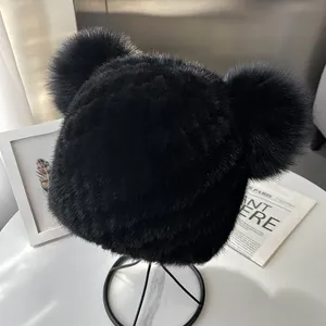 Chapeau tricoté en vraie fourrure de vison chaud pour <span class=keywords><strong>femme</strong></span>, <span class=keywords><strong>bonnet</strong></span> d'hiver à boutons, protection des oreilles, rayé jacquard, 100% fourrure de vison - Product Image 5
