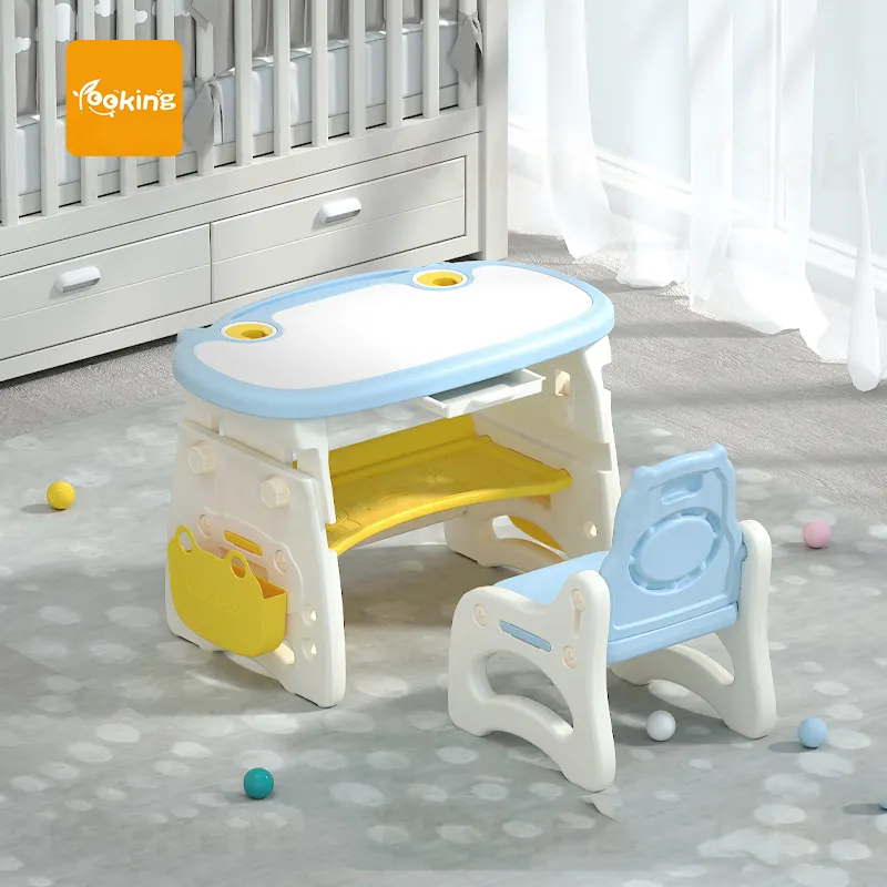 Mesa y silla de plástico para niños de moda, banco, juguete para bebé, ajustable en altura asiento de bebé, silla y Mesa