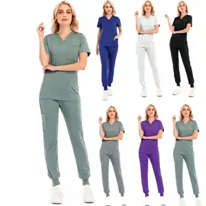 Women Nurse Hospital Uniform Medical Scrub Tops Pants Spandex Stretch Fashionable Uniforms Suit Woven Spa Salon Beauty Uniforms