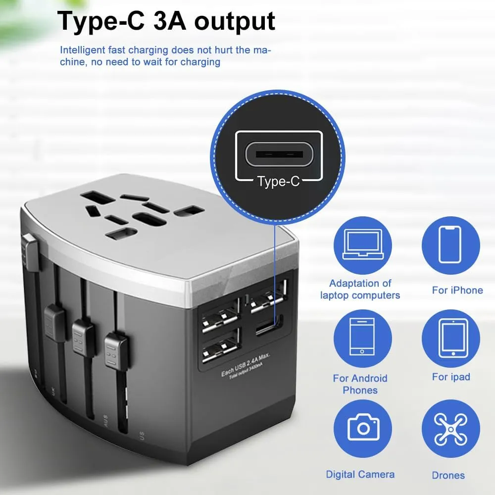 Universal Travel Adapter With 3 USB And 1 Type-C Ports - All-in-One International Power Adapter For USA EU UK AUS