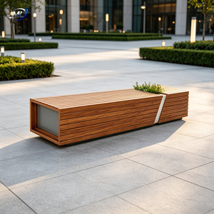 Modern FRP Patio <b>Bench</b> <b>Wood</b> Look Slatted Garden Seating with Integrated Planter for Outdoor Spaces - Product Image 2