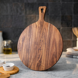 Planche à découper en bois d'acacia occidental (rond, 1,5 cm d'épaisseur) - Planche à pizza avec poignée 100% écologique - Product Image 2