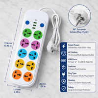 Multiprise universelle 2500W à 10 prises avec 1 port Type-C, 3 ports USB à charge rapide, double interrupteur, fiche UE à 90 degrés pour la maison et le bureau