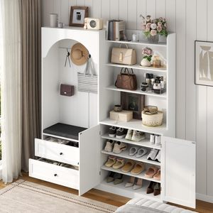SENYU Moderno Mueble de Entrada Blanco con Perchero, Banco, 4 Ganchos, 5 Estantes, Armario para Zapatos, Mueble Multifuncional - Product Image 5