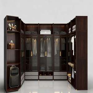 BALOM Custom Modern Luxury L Shape Corner Walk in Closet With Dark Wood Finish Glass Doors Gold Hardware and Open Storage Design - Product Image 2