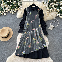 Ensemble robe chemise à manches longues et col à revers brodé floral avec superposition en maille, style navetteur pour femme, collection automne 2026