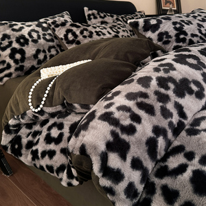 Leopard Print Rabbit Fleece <b>Bedding</b> <b>Set</b> Four Piece Winter Warm Double Sided Flannel Coral Fleece Duvet Cover Sheet <b>Set</b> - Product Image 1