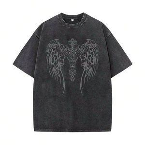 Men's casual distressed washed crew neck drop shoulder <b>T</b>-<b>shirt</b>, adorned with wing print. Customization available.F10 - Product Image 1