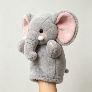 Marionnette éléphant grise moelleuse personnalisée avec oreilles intérieures roses et longues trompes blanches, pour des histoires interactives sur le thème du safari pour enfants - Product Image 2