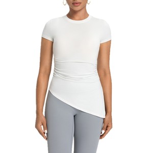 SUHE TS-012 Athena Lanjing - Top de Yoga Modal de Manga Corta con Cuello Redondo, Corte Asimétrico y Ajustado, Color Azul Polvo, Ropa Deportiva para Mujer - Product Image 4