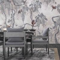 Papier peint mural imperméable beige clair avec des branches de fleurs et des oiseaux pour la décoration murale intérieure de la maison