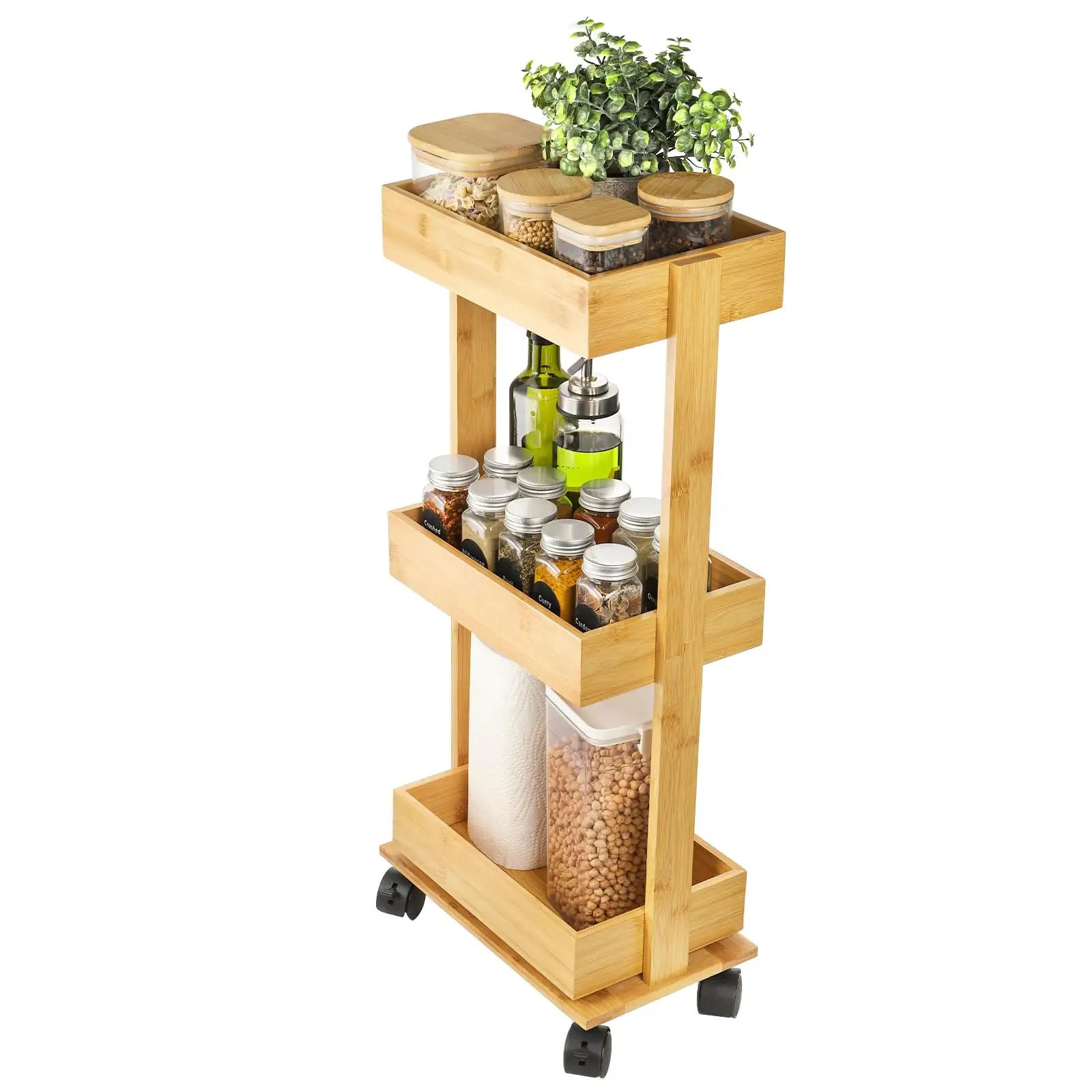 3-Tier Bamboo Mobile Shelving Rolling Utility Cart on Wheel for Office Bathroom Kitchen Laundry Room Narrow Place