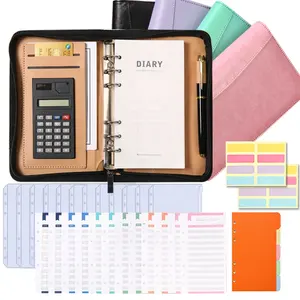 Carpeta de cuaderno A6, libro de cuentas de mano de hojas sueltas para negocios, Bloc de notas, bolsa con cremallera con calculadora