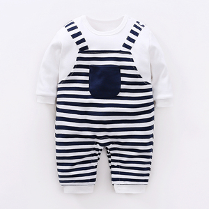 Mameluco de Algodón para Bebé para Primavera y Otoño con Diseño de Rayas Falsas que Parecen Overoles - Product Image 1