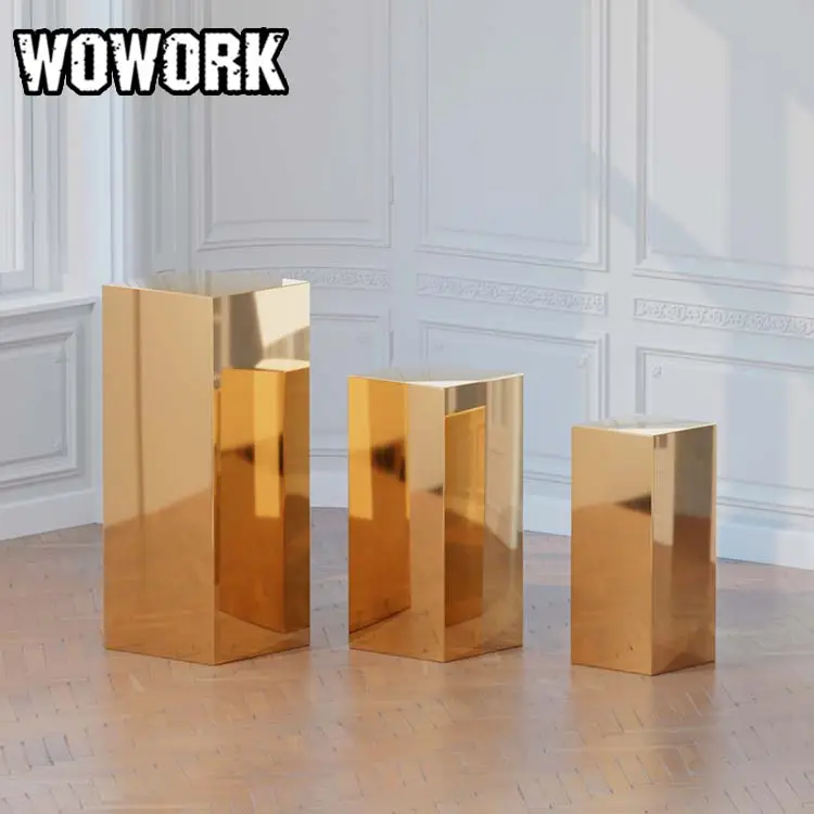 2024 WOWORK Square Gold Mirror Pedestal Stands Display redondo oro blanco dulce acrílico cilindro plintos mesa para evento