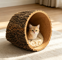 Lit pour chat en tronc d'arbre creux en chêne naturel, grande taille, coussin en peluche doux amovible, cachette rustique pour animaux de compagnie d'intérieur