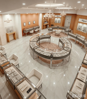 Boutique de bijoux et montres de luxe contemporains, design d'intérieur en placage de bois, salle d'exposition avec zone de négociation VIP