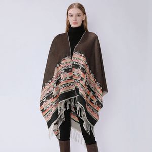 Ponchos Mexicanos Clásicos de Lana, Capas Largas para Mujer, Abrigo Cálido de Invierno con Capucha Abierta, Chal con Borlas para Actividades al Aire Libre - Product Image 1