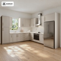 Meuble de cuisine laqué Shaker en forme de L avec portes encadrées en cachemire, rangement par tiroirs et boîtes de rangement en panneaux de particules
