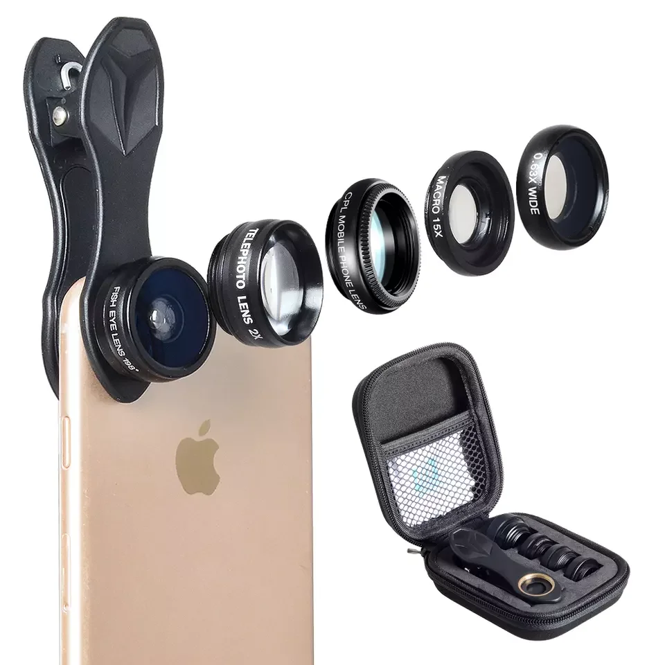 APEXEL Cell Phone Camera Lens 5 in 1 Wide Angle/Macro/Fisheye/Telephoto/CPL Clip-on Lens for Mobile