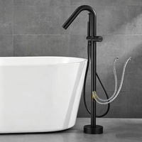 Robinet de baignoire autoportant noir mat à poignée unique avec bec en V, douchette à main avec jets pluie et doux, cartouche céramique en laiton