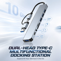Dock Ekspansi Multiport 8 Port Aluminium Abu-abu Portabel, Input Dual USB-A Tipe-C, USB3.0 PD, Pembaca Kartu Audio, Splitter