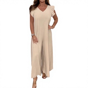 Women's <b>Beige</b> V-Neck Ruffle Sleeve Loose Full Length <b>Jumpsuit</b> Casual Solid Color Crepe Spring Summer Wear - Product Image 4