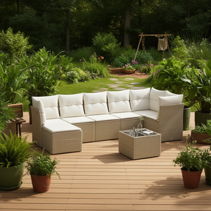 Ensemble de canapés de patio en rotin beige crème blanc 8 pièces, meubles d'extérieur - Product Image 2