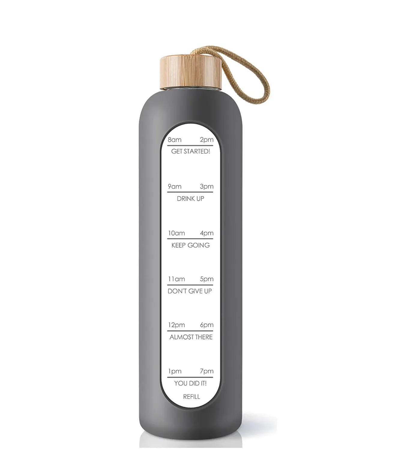Botella de agua de vidrio motivacional sin BPA reutilizable a prueba de fugas de borosilicato de 32 oz con funda de silicona y tapa de Bambú