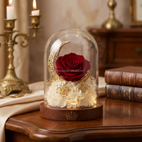 Rose éternelle en forme de croissant de lune sous cloche en verre avec lumière LED, cadeau pour la Saint-Valentin
