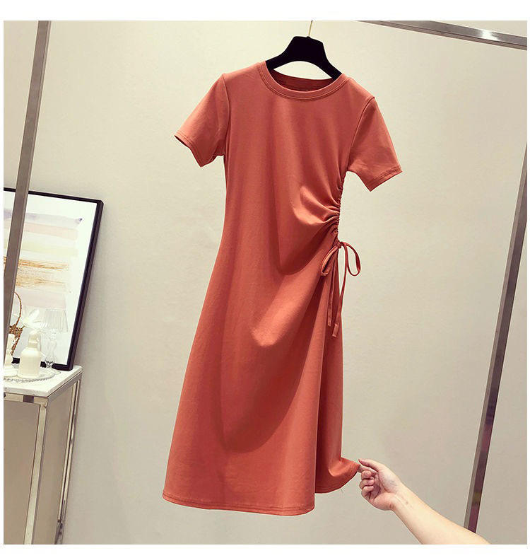 New Fashion Women Girls Short Sleeve O-neck Hot Sales Side Drawstring  Closed Waist Rope Solid Color T-shirt Casual Dress