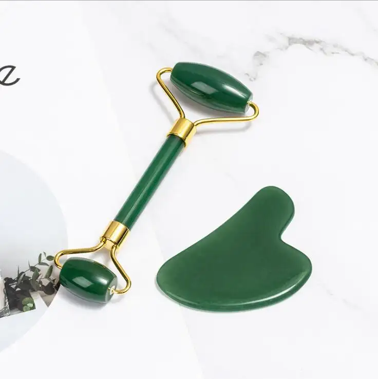 Jade Roller für Gesicht und Gua Sha Set-Schönheit Kosmetische Gesichts Haut Roller Massager Werkzeug-Original Handwerk Natur grün Jade