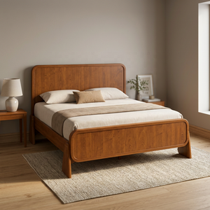 Lit en bois de manguier massif avec tête et pied de lit arrondis, lit plateforme en bois de style moderne du milieu du siècle - Product Image 3