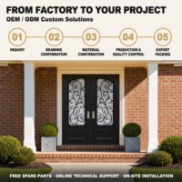 Porte d'entrée double en fer forgé sur mesure avec grille décorative cintrée et isolation thermique pour villa américaine