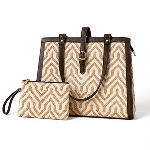 Ensemble de sacs fourre-tout décontractés pour femmes à imprimé contrastant rétro, fermeture éclair en PU avec doublure en polyester - Product Image 1
