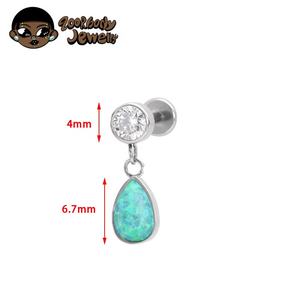 Pendientes roscados Piercing plano del cartílago del trago Joyería Perla Ópalo Piedra G23 Titanio Lágrimas Colgante Gota de plata Moda - Product Image 6