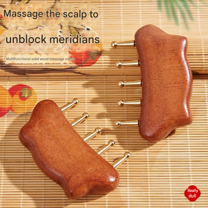 Peigne en bois massif <span class=keywords><strong>naturel</strong></span> et laiton, outil Gua Sha antistatique pour lifting du visage, portable pour usage domestique - Product Image 3
