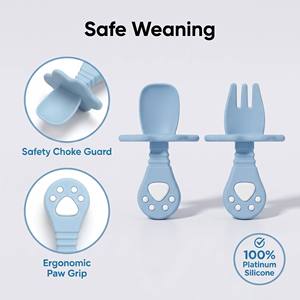 Cuillère et fourchette en silicone pour bébé - Sans BPA, forme animale, manche court pour l'autonomie alimentaire du bébé, vaisselle pour bébé, ustensiles pour l'autonomie alimentaire - Product Image 2