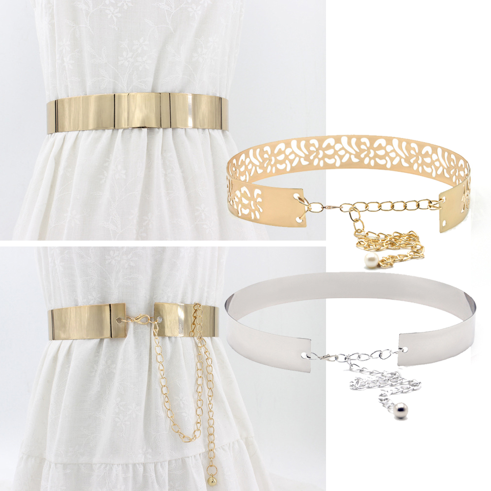 Hollow Out for Dresses Metallic Gold Belt Plate Chains Lady Adjustable Fashion Wide Waist Belts For Women Ladies