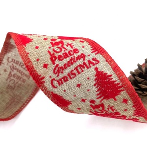 Pita berkabel poliester Linen terkunci pola pohon pinus Natal salam perdamaian goni palsu untuk kerajinan pembungkus Hadiah - Product Image 4