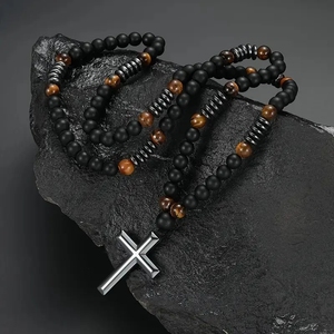 <span class=keywords><strong>Collier</strong></span> <span class=keywords><strong>croix</strong></span> œil <span class=keywords><strong>de</strong></span> tigre pour homme, <span class=keywords><strong>collier</strong></span> en obsidienne, pendentif <span class=keywords><strong>croix</strong></span> en hématite, colliers chapelet - Product Image 2